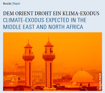 Deckblatt Newsletter 2/2016. Zwei Minarette vor orangefarbenem Himmel mit Text zum Klima-Exodus im Nahen Osten.