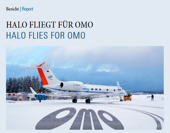 Deckblatt Newsletter 1/2015. Das Forschungsflugzeug HALO auf einem verschneiten Rollfeld.