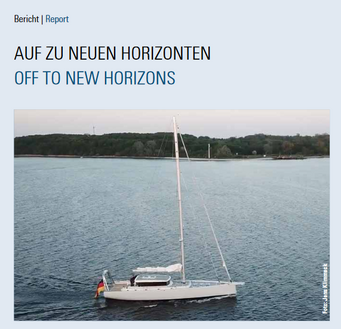 Front page newsletter 3/2018. Blue water-sail yacht for ocean- and climate research S/Y Eugen Seiboldon calm water with distant shoreline.