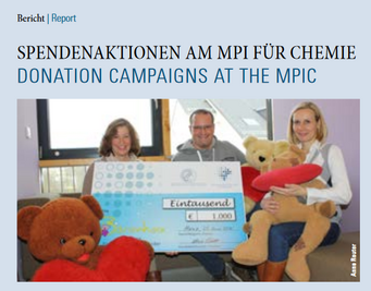 Front page newsletter 1/2016. A large check indicating a donation surrounded by teddy bears and heart-shaped pillows.