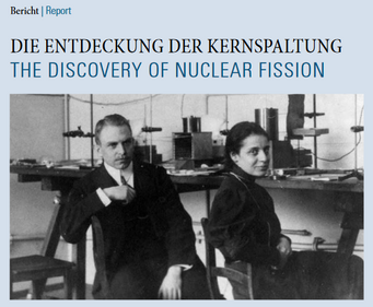 Newsletter front page 1/2014. Otto Hahn and Lise Meitner in a historical laboratory setting, vintage equipment in the background.