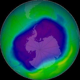 The ozone hole above Antarctica in 2006. Photo NASA Satellite image showing the ozone hole above Antarctica, highlighted by a purple region indicating low ozone levels.