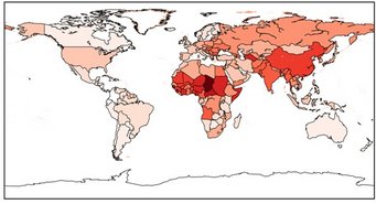 Air pollution affects life expectancy worldwide. The graph shows the calculated average loss of life expectancy in years at global and country level. The global average in 2015 was 2.9 years. Color-coded world map using red gradients to depict data intensity across countries, highlighting regions in Africa and Asia with darker shades.
