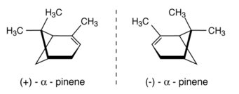 Graphic: The two chiral forms of α-pinene. Chemical structural formulas of (+)-α-pinene and (-)-α-pinene, side by side.