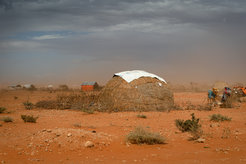 Dry, reddish soil, scree, dusty bushes, straw hut. On the right side of the image: people. The image conveys a sense of extreme dryness and heat.