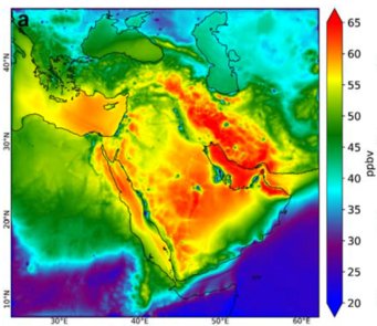 Average concentration of ground-level ozone around the Arabian Peninsula. The model calculations show that the WHO limit value of 30 ppbv is exceeded everywhere. Graph shows average concentration of ground-level ozone around the Arabian Peninsula.