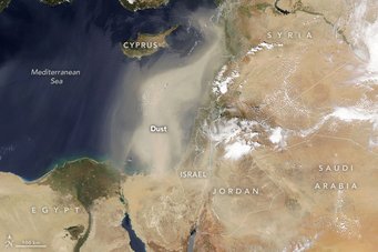 Dust over the Middle East on April 24, 2022, observed from a NASA satellite. The new study shows that, despite dust prevalence, high concentrations of microscopic particles from combustion sources in the Middle East are much more health-hazardous than the larger-size desert dust particles as the small ones penetrate deeply into the airways dust over Middle East