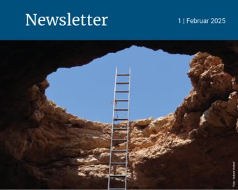 Ladder extends through rocky cave opening to blue sky.