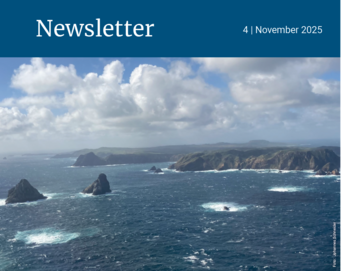Titelbild des Newsletter Nr. 4 in 2025. Es zeigt eine felsige Küstenlinie mit aufgewühltem Meer, Wolken am Himmel und einem Berg im Hintergrund.